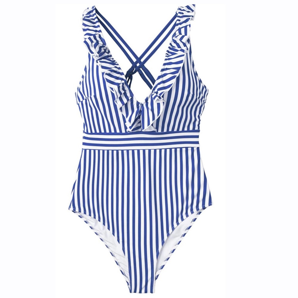 NEW✨ Women's V Neck One Piece Swimsuit Ruffled Back Cross Swimwear✨ - Picture 2 of 3